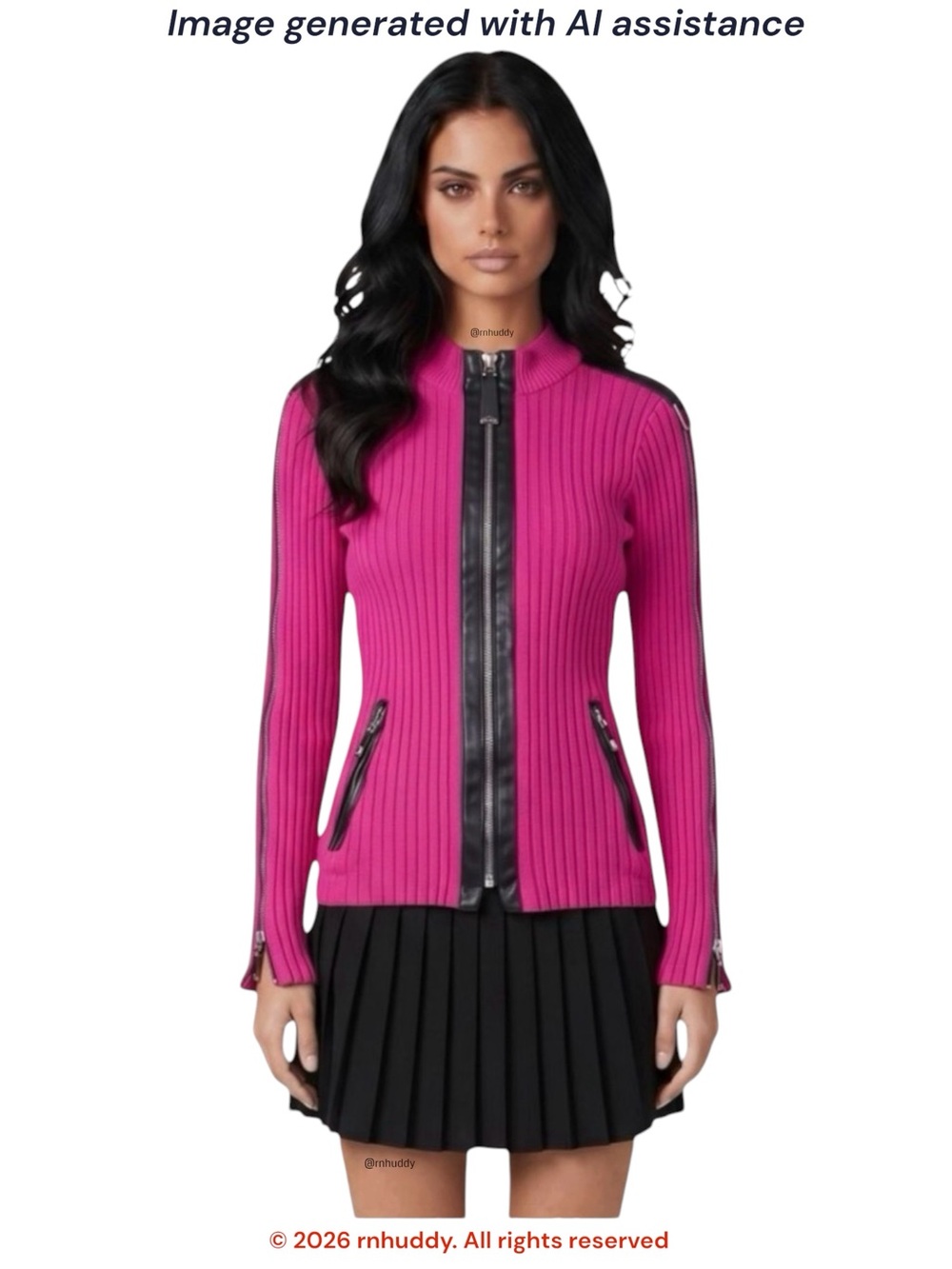 Jamie Sadock M vibrant pink with black faux leather zip up cardigan